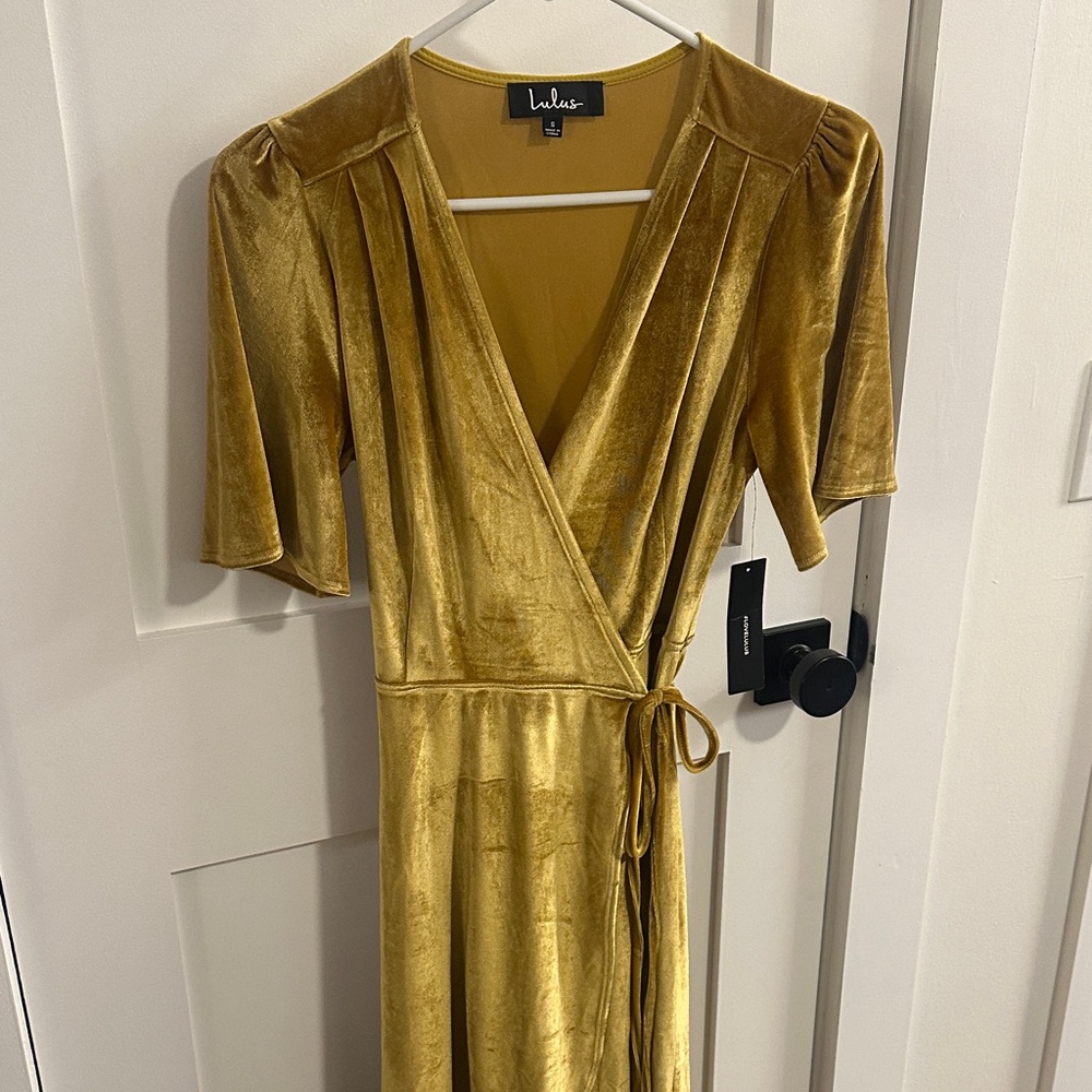 Lulu's Mustard Velvet Midi High Low Maxi Wrap Dress